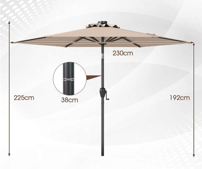 Parasol de terrasse robuste avec éclairage LED 230 cm - Marron - Inclinable avec Manivelle et Ventilation