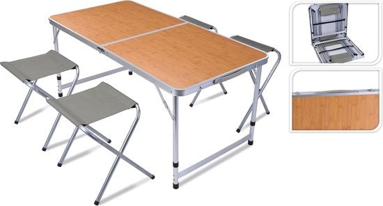 Table de camping - Redcliffs - avec 4 chaises - Relax Living - 120 x 60 x 40cm - Gris/Bois