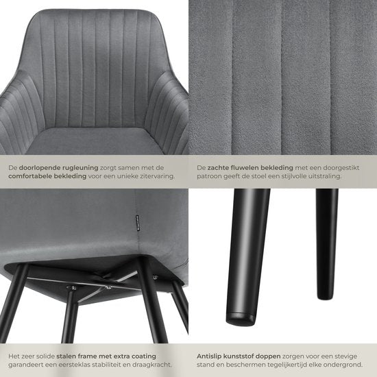 tectake® - Chaise en velours à motif surpiqué - Chaise de salle à manger moderne - Chaise baquet - Pour le salon, la salle à manger, le coin détente ou comme chaise de coiffeuse - Différentes couleurs - Gris/noir