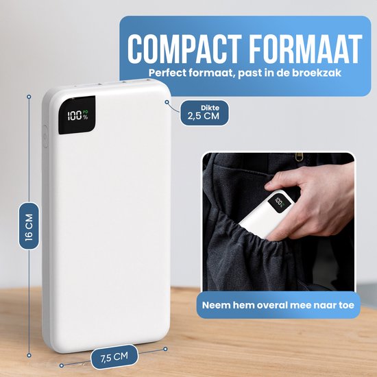 Strex Powerbank White - 27 000 mAh - Chargeur rapide 22,5 W - USB-A/USB-C - Indication LED - Powerbank universel adapté à iOS/Android, entre autres