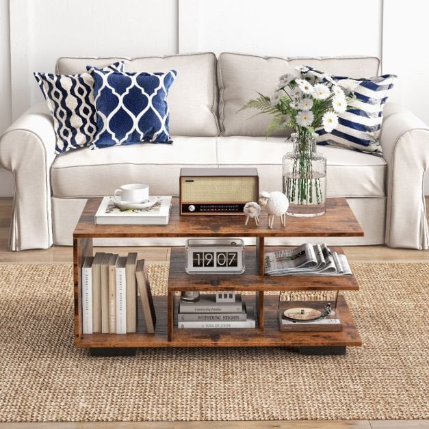 Table basse Coast à 3 niveaux – 90 x 50 x 42 cm – Naturel/Blanc ou Brun rustique
