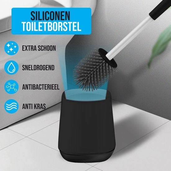 Strex Brosse de Toilette en Silicone avec Support Noir - Séchage Rapide, Hygiénique & Antibactérien - Brosse WC - Porte-Brosse de Toilettes
