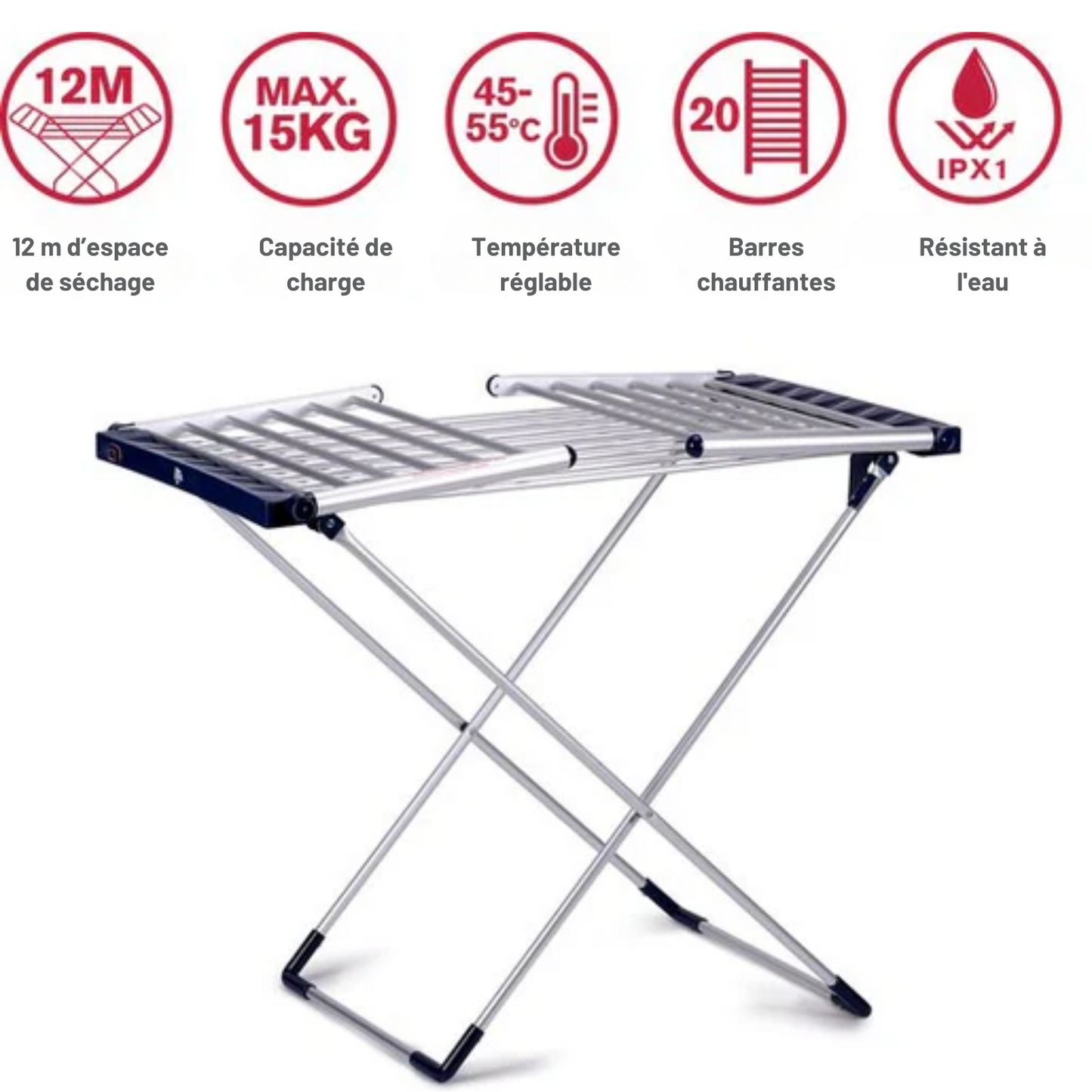 Étendoir électrique - Dirt Devil - 20 Tiges – Séchage 12 m – Température Réglable 45-55°C – Pliable - 147 x 54 x 94 cm - Aluminium