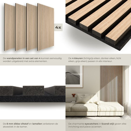 Panneaux acoustiques tectake® - Lot de 4 - Panneau mural acoustique - 60 x 120 cm - 2,88 m² - Panneaux muraux aux dimensions ajustables - Structure à lattes en MDF et placage de bois - Isolation acoustique - Décoration murale élégante - Montage facile - C