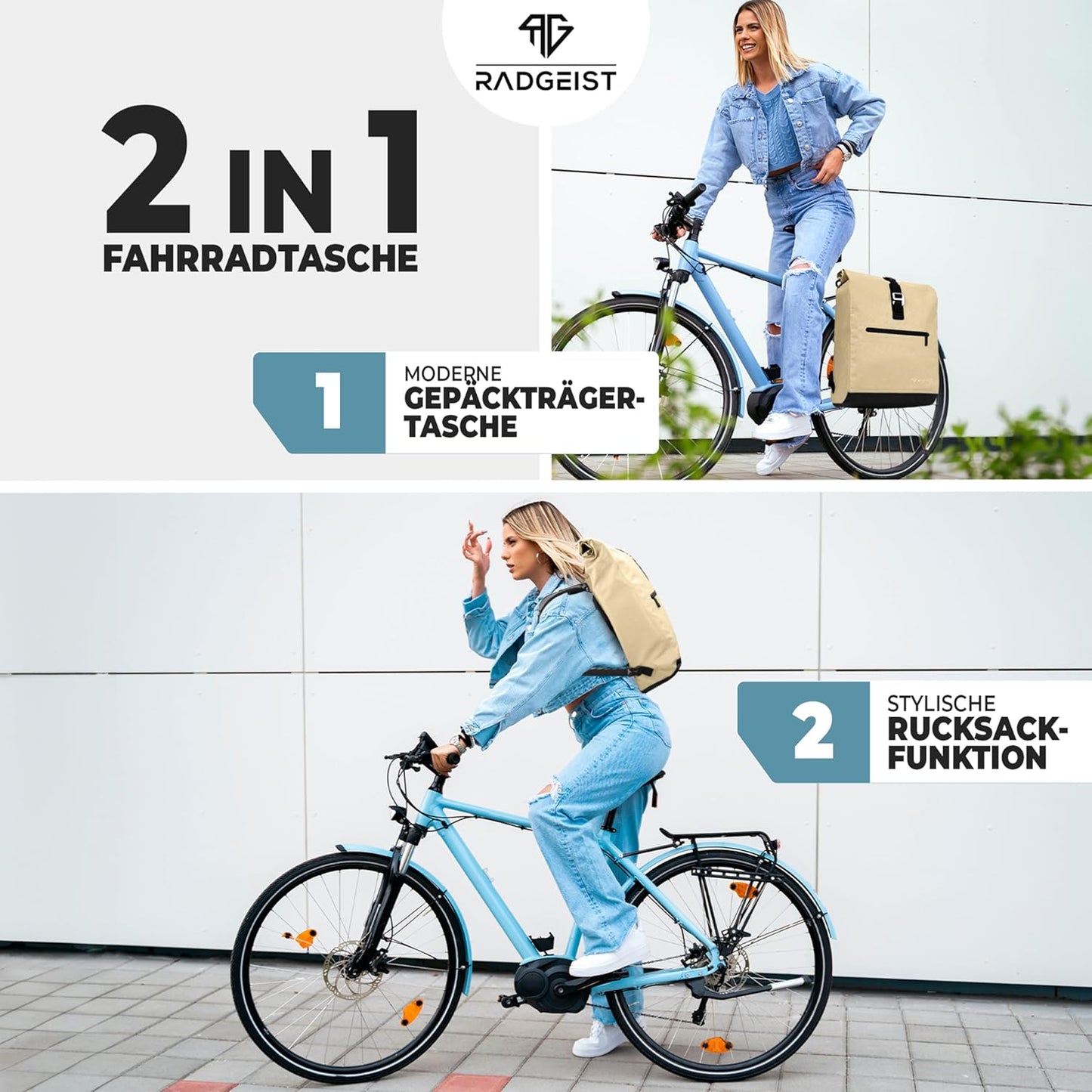 RADGEIST sac à vélo pour porteur I sac à vélo & sac à dos I sac à vélo pour femmes & hommes I sac à bandoulière & sac à vélo pour vélo 20L sable