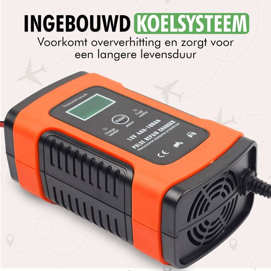 Travelhawk Chargeur de batterie - Chargeur de secours - Chargeur de batterie de voiture - Convient à la moto, à la voiture et au scooter - 12V 6A