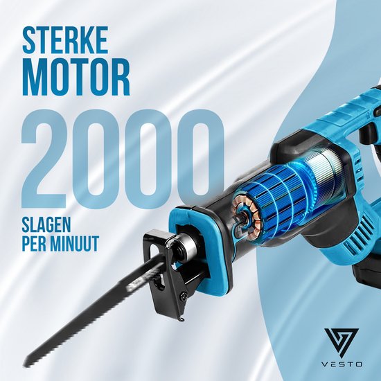 Vesto® Battery Reciprocating Saw - 21V Li-Ion - 2 batteries, lames de scie et étui inclus - course de 25 mm - pour bois, métal et plastique - système de changement rapide - sans fil