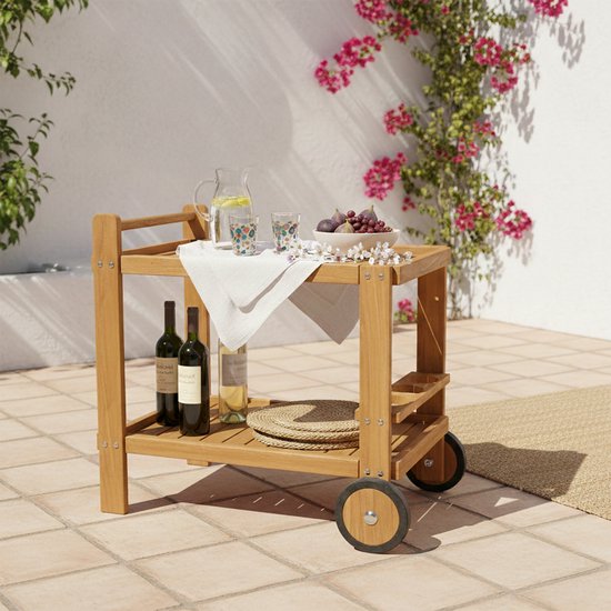Chariot de service AXI Miri en teck – 70 x 48 x 70 cm – En teck – Avec 2 roues et 3 porte-bouteilles – Pour l'extérieur et l'intérieur – Pour le jardin, la terrasse et le balcon