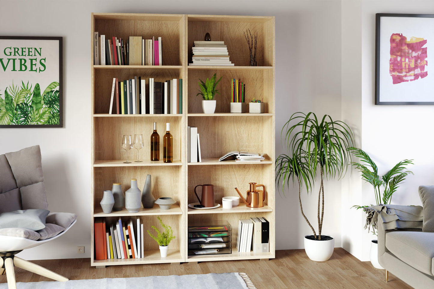 Bibliothèque Vela - 5 compartiments - chêne - 190cm