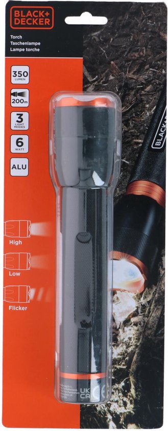 BLACK+DECKER Lampe de poche LED 350 Lumen - 6W - 200M de portée - 3 modes d'éclairage : Haut, Bas, Pulsation - Noir/Orange