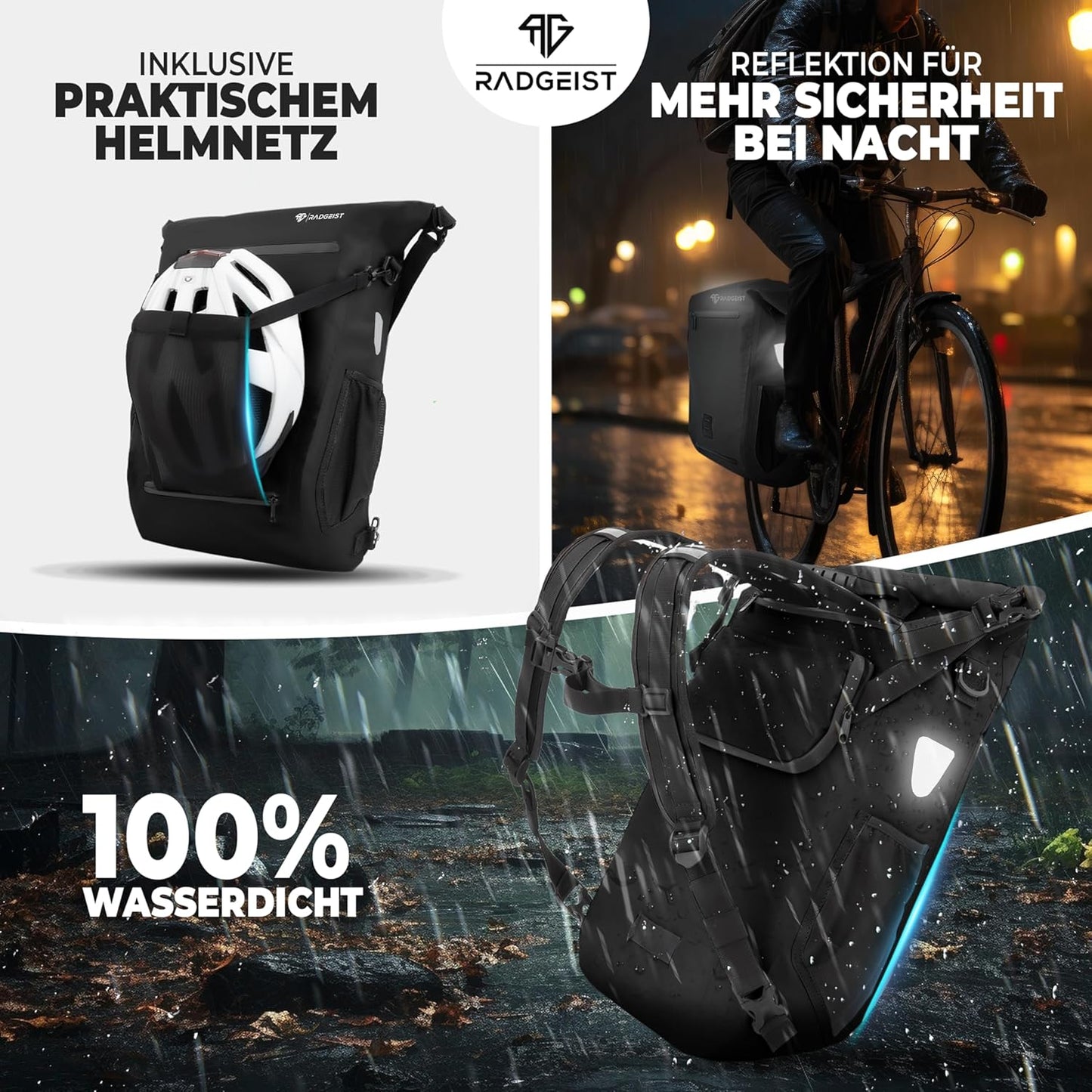 RADGEIST 3in1 bike bag for carrier I sac à vélo, sac à dos et sac à bandoulière 18-22L I sac pour vélo 100% étanche noir