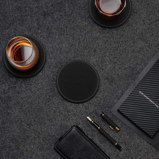 Castagnola Sous-verres en simili-cuir - Sous-verres pour verres - Sous-verres design avec support - Sous-verres en cuir - Cuir - Lot de 16 - Noir avec surpiqûres