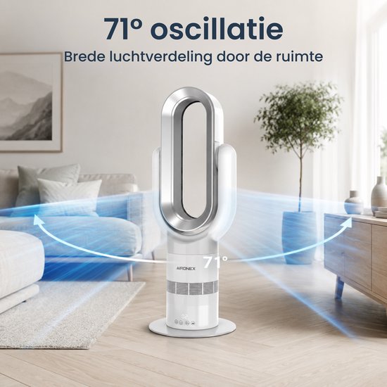 Ventilateur sans fil Aironex Swing avec chauffage – Radiateur soufflant – 2 en 1 : refroidissement et chauffage – 10 réglages – Oscillation à 71° – Télécommande – Blanc