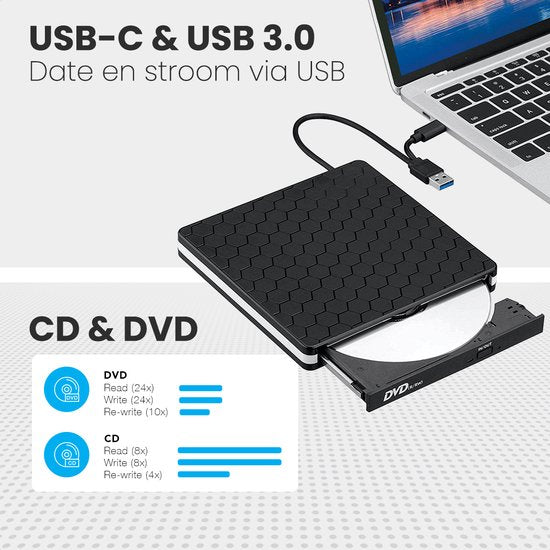 Auronic Lecteur DVD externe - Pour ordinateur portable et graveur - USB 3.0 ou USB C - Windows, MacOS & Linux - Livré avec housse et câble