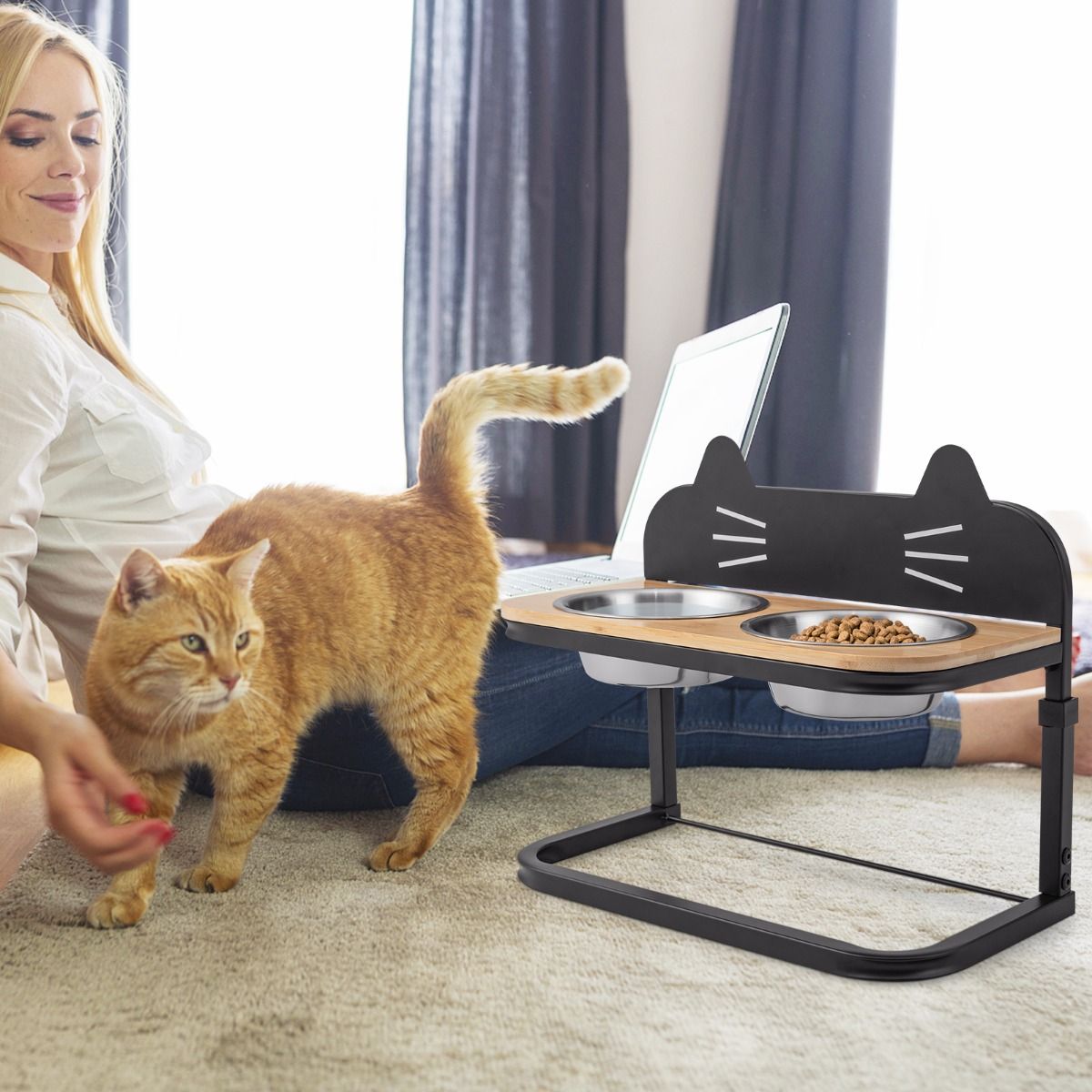 Station d'alimentation surélevée Coast pour chats et chiens - 43 x 22 x 33-38.5 cm - Noir et naturel - Hauteur réglable avec 2 bols en acier inoxydable