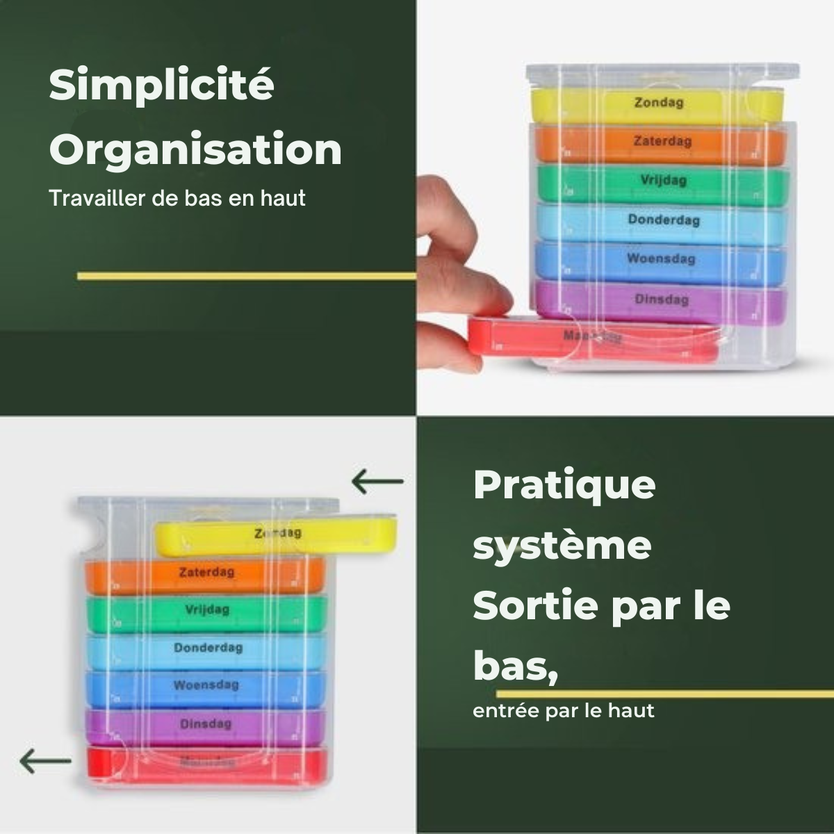 Pilulier 7 jours - Gandria - Pilulier amovible - Boîte à médicaments empilable avec 28 compartiments - Boîte à médicaments avec fermeture solide - 4 compartiments par jour - 7 couleurs