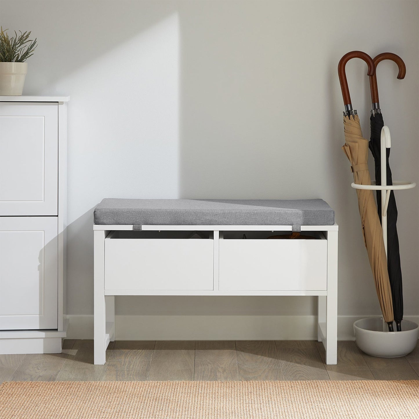 SoBuy Banc de rangement avec assise rembourrée - 2 tiroirs - Max. 150 kg - 72 x 30 x 46 cm - Blanc/ Gris