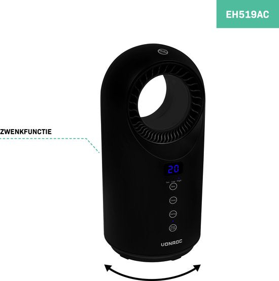 VONROC Radiateur électrique - radiateur soufflant - 1000W/1500W - sans pales - Céramique - 3 niveaux - Télécommande incluse - fonction swing - thermostat et minuterie - 15m2 - noir