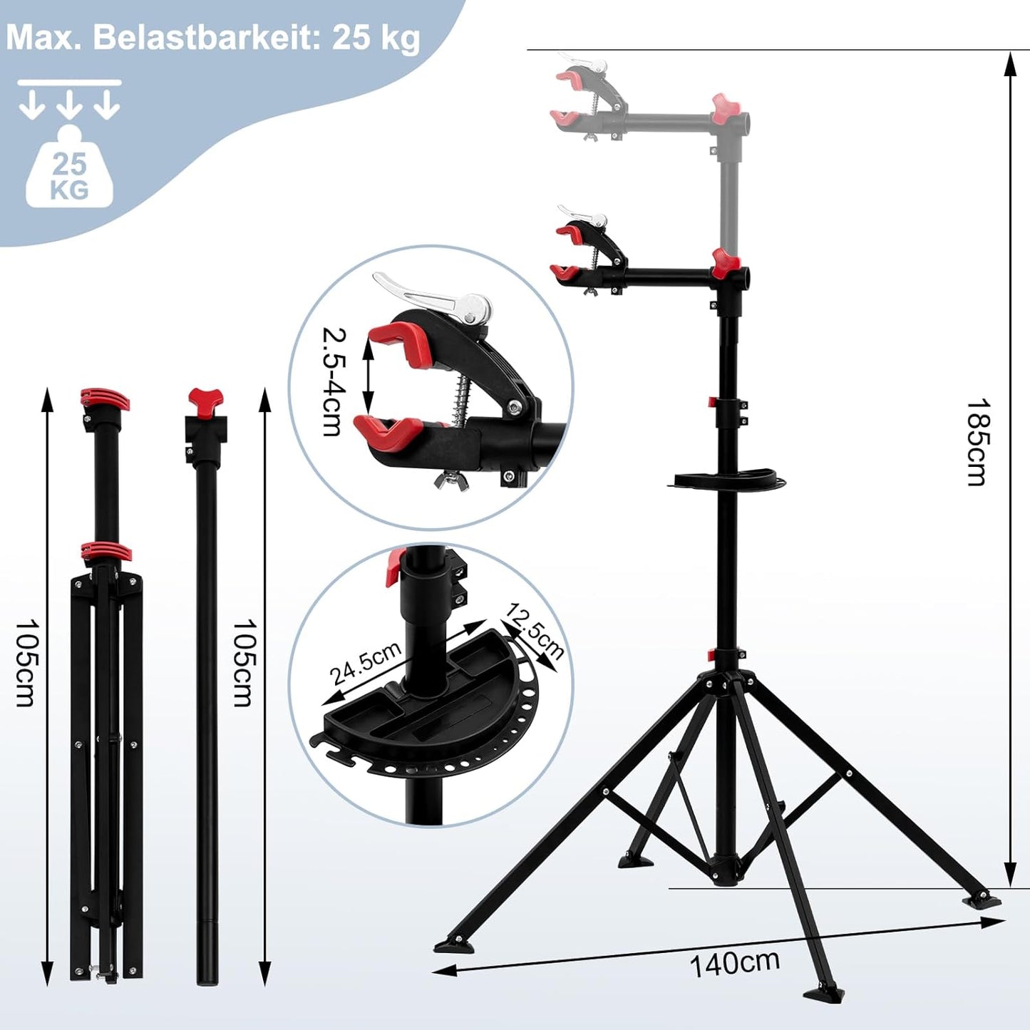 Support de montage pour vélo WOLTU Noir - Réglable de 105 à 185 cm - Pivotant à 360° - Jusqu'à 25 kg