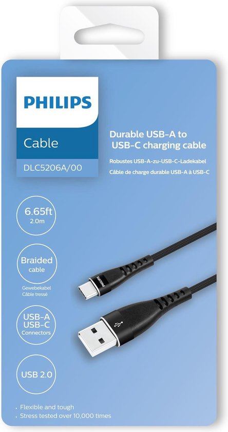 Câble USB 2.0 Philips - DLC5206A/00 - USB-A - USB-C - Longueur : 2 mètres - Nylon de qualité supérieure - Noir