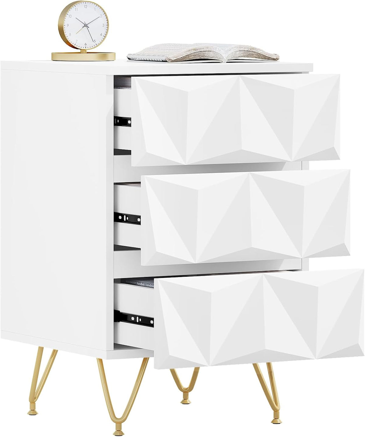 Eugad Table de chevet avec 3 tiroirs - 40x40x62,5 cm - Blanc avec or - Design 3D moderne