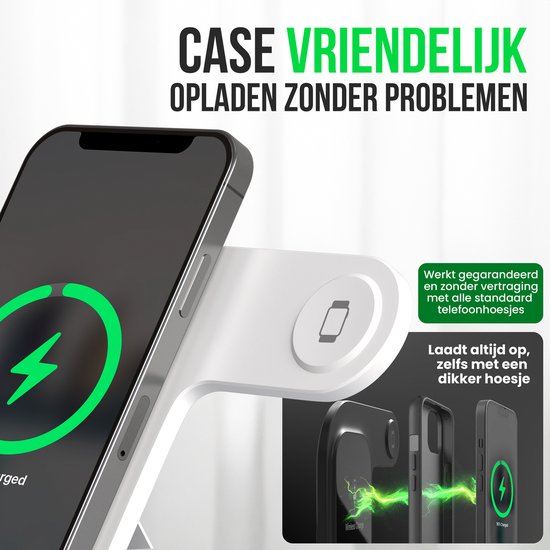 Strex 3-in-1 Wireless Charger - Station de charge - Chargement rapide 15W - Pliable - Convient pour iOS & Android, Apple Watch, AirPods et écouteurs sans fil - Blanc