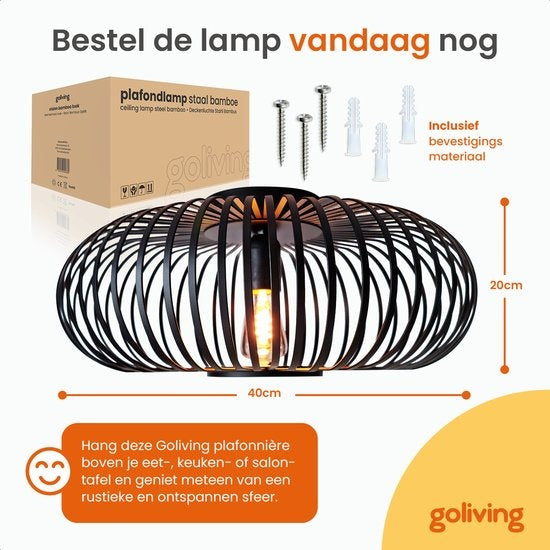 Plafonnier Goliving - Suspension Lustre - Lampe Plafond- E27 - Métal - Aspect bambou - Ø 40 cm - Noir