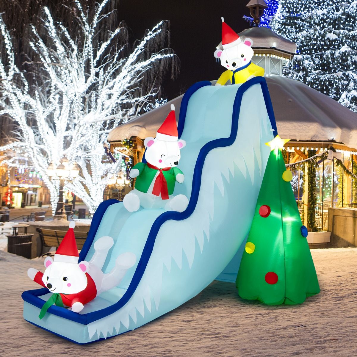 Toboggan de Noël gonflable Coast avec ours polaires et sapin de Noël - Décoration de Noël illuminée avec ventilateur - 225 x 120 x 200 cm - Blanc