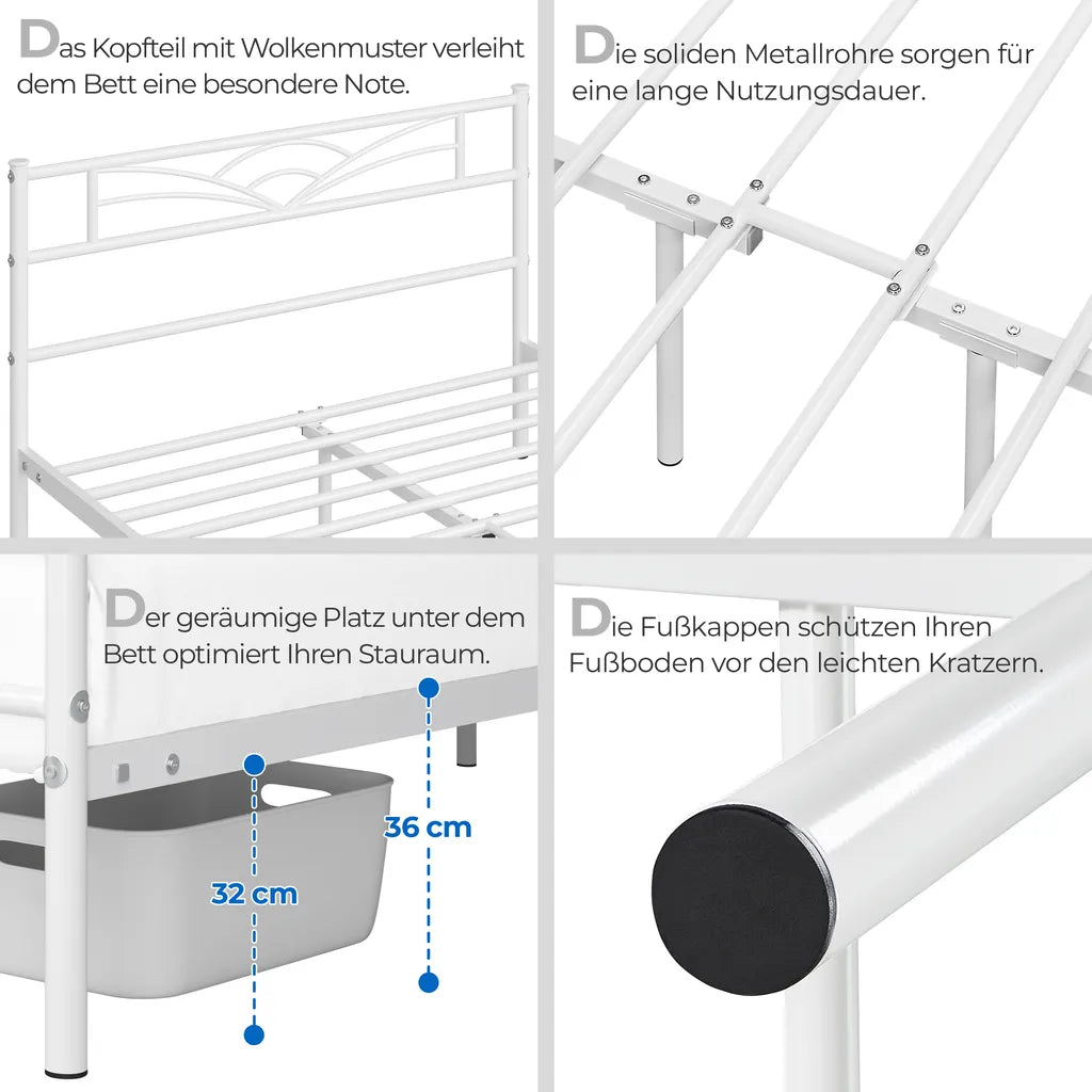 Yaheetech Cadre de lit 140 × 200 cm - Métal blanc - Avec tête et pied de lit en forme de nuage et espace de rangement de 32 cm