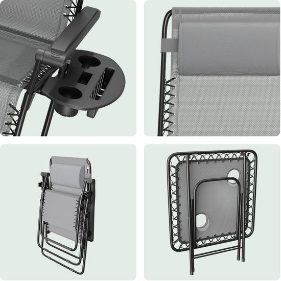LifeGoods Chaises longues - pliable - ensemble complet - avec table d'appoint - 30°-90° réglable - chaises de jardin - métal - gris