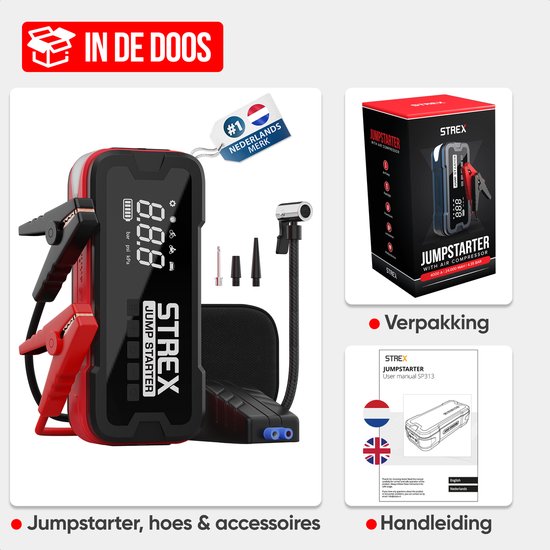 Strex - 12V Jumpstarter & Starting Aid With Compressor - 4000A - 24,000 mAh - 5-in-1 Function With Led Flashlight & SOS - Includes Hardcover Bag - Plastic - Black & Red