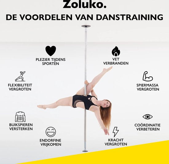 Zoluko Professional Dance Pole - Hauteur réglable : 2,24 m à 2,74 m - Rotatif et statique - Capacité de charge de 200KG - Pole Dancing - Pole Dance - Argent/Chrome