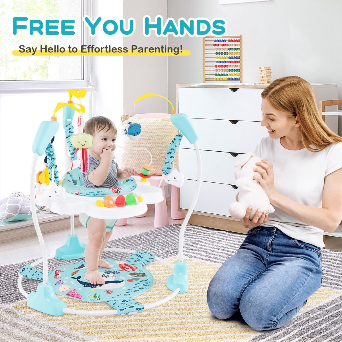 Coast Baby Sky Jumperoo - Light Blue/White - 87x87x94 cm - 3 hauteurs, siège pivotant à 360° et centre de jeu interactif