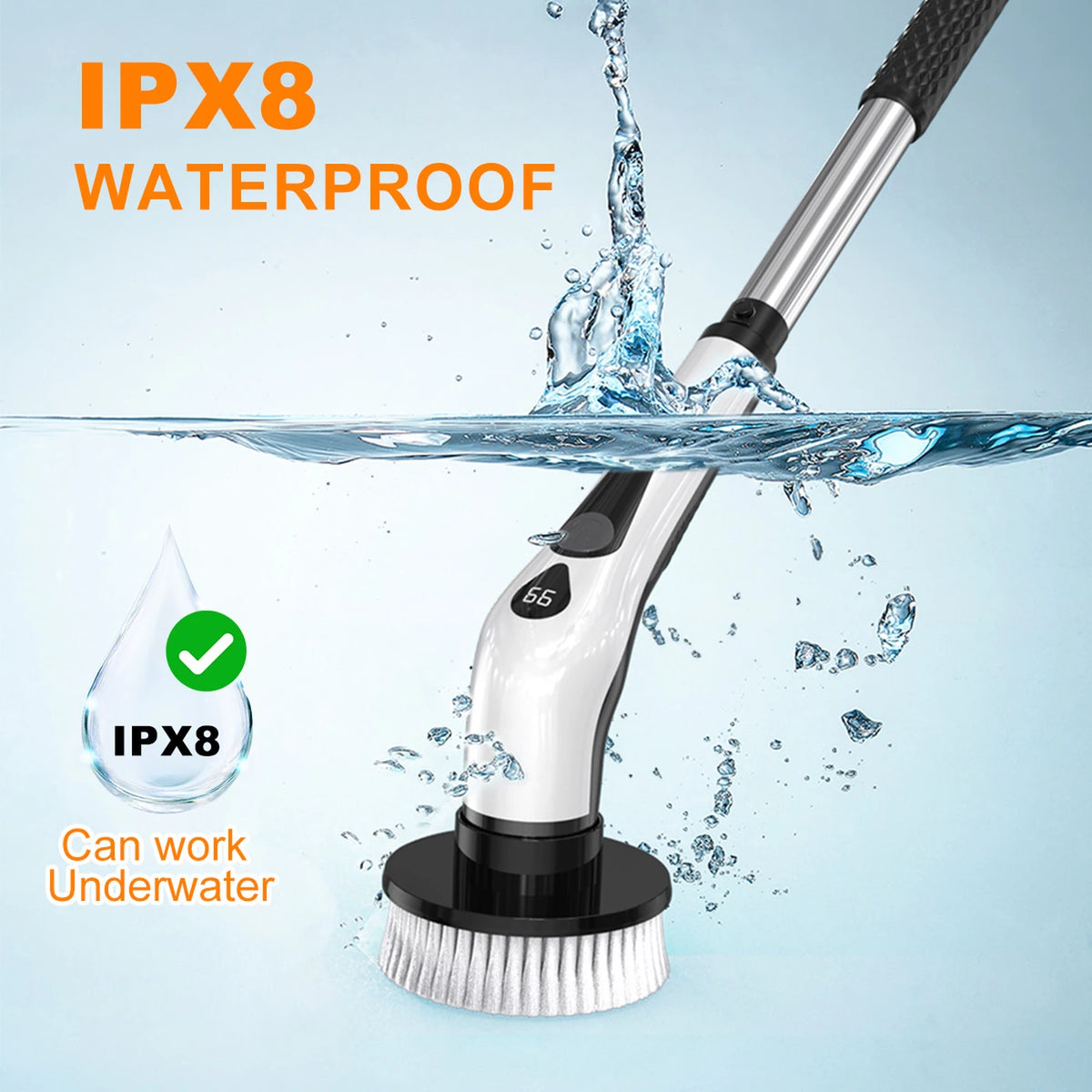 Brosse à récurer électrique sans fil Prasky - 9 têtes de brosse et manche télescopique de 55 à 120 cm - 400 tr/min - Étanche IPX8 - Noir