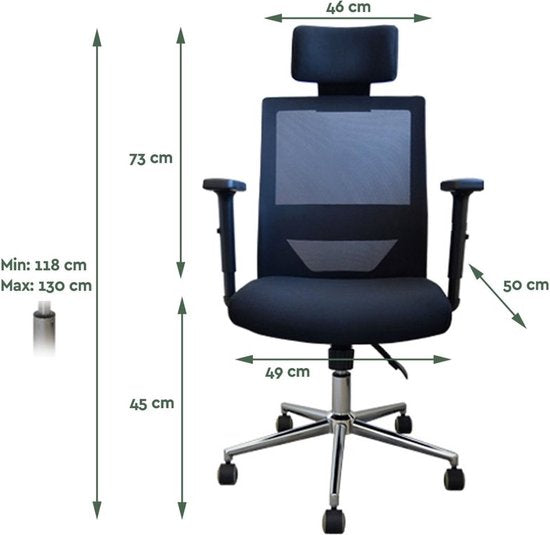 BRASQ OC400 Ergonomic Office Chair Black with Headrest - Chaises de bureau - Chaises de bureau pour adultes - Gaming chair 50 x 49 x 118 cm