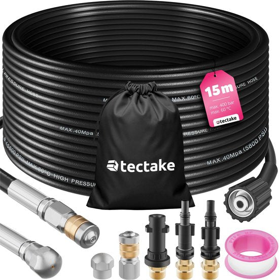 tectake® Tuyau d'égout - Tuyau de nettoyage de canalisations avec 2 buses de nettoyage de canalisations - Nettoyeur de canalisations pour nettoyeurs à haute pression - Nettoyage de canalisations - Nettoyeur d'égouts - Nettoyeur de toilettes - 15 mètres