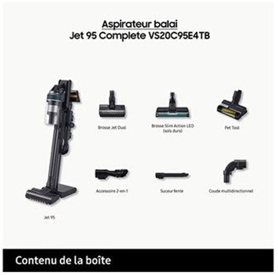 Samsung Jet™ 95 Multi - VS20C95E4TB/WD - aspirateur balai sans fil - Puissance d'aspiration jusqu'à 210 W - Station de recharge autonome - Garantie de 10 ans sur le moteur Digital Inverter