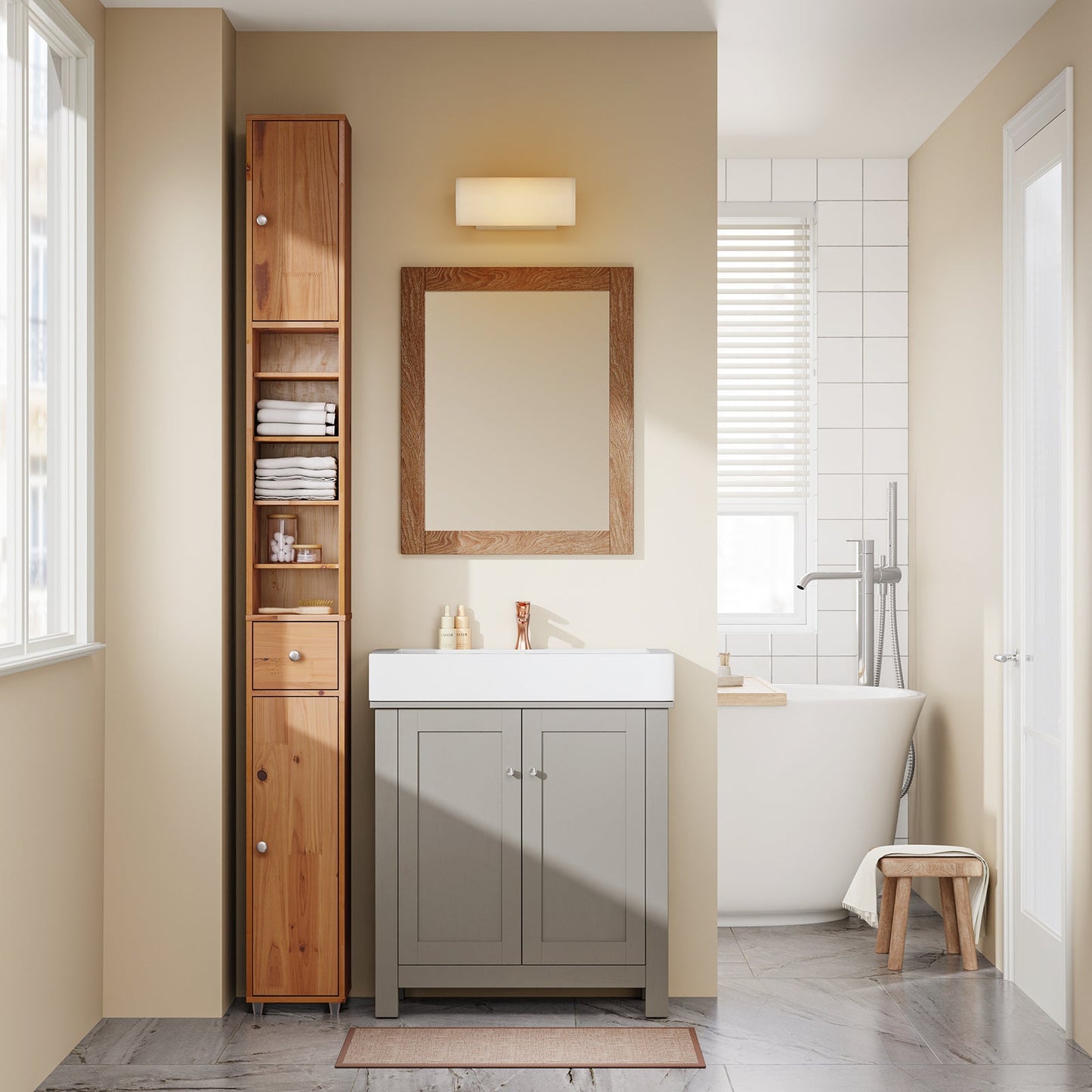SoBuy BZR34-II-SH Grand meuble de salle de bain étroit - couleur bois - 20 x 20 x 180 cm - autoportant, en bois massif résistant à l'eau, avec étagères et tiroirs réglables