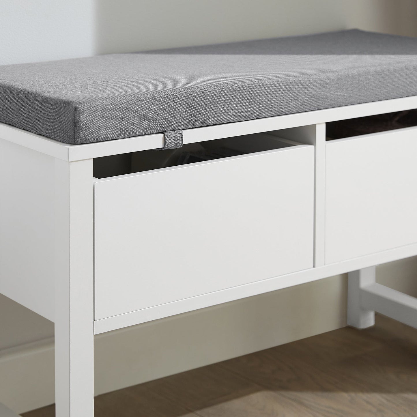 SoBuy Banc de rangement avec assise rembourrée - 2 tiroirs - Max. 150 kg - 72 x 30 x 46 cm - Blanc/ Gris
