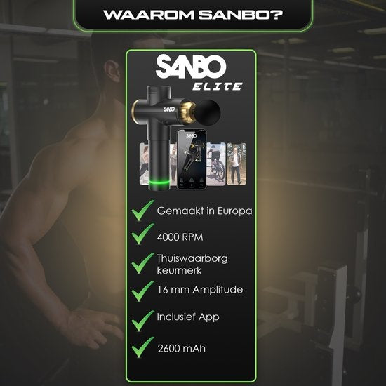 Sanbo Massage gun Elite - Massage sportif et relaxant - Noir/Or - Professionnel 30 étapes - Avec étui - Avec APP - Pistolet de massage - Appareil de massage - Fitness