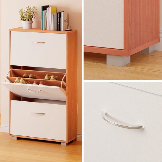 Armoire à chaussures - 3 volets - 115x60x24cm - 18 paires Hêtre/Blanc