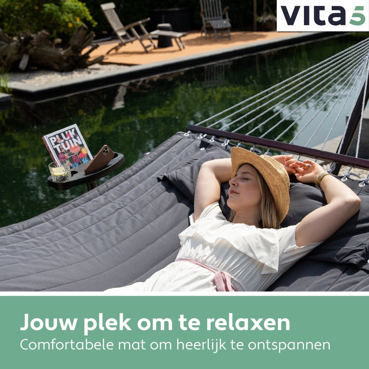 Hamac Vita5 avec support et poteau de déploiement - 2 personnes - avec porte-gobelet - coussin amovible - résistant aux UV - gris foncé