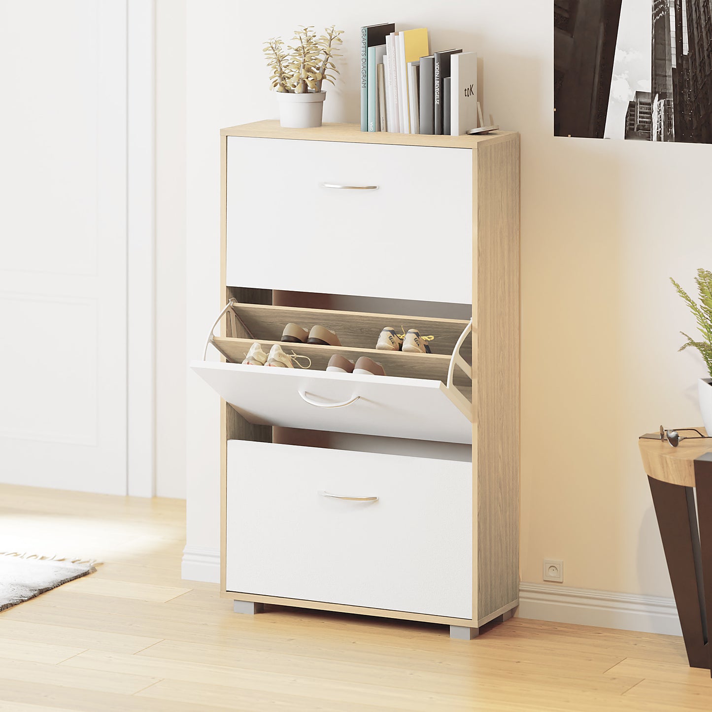 Armoire à chaussures - 3 volets - 115x60x24cm - 18 paires de chaussures - Chêne/Blanc