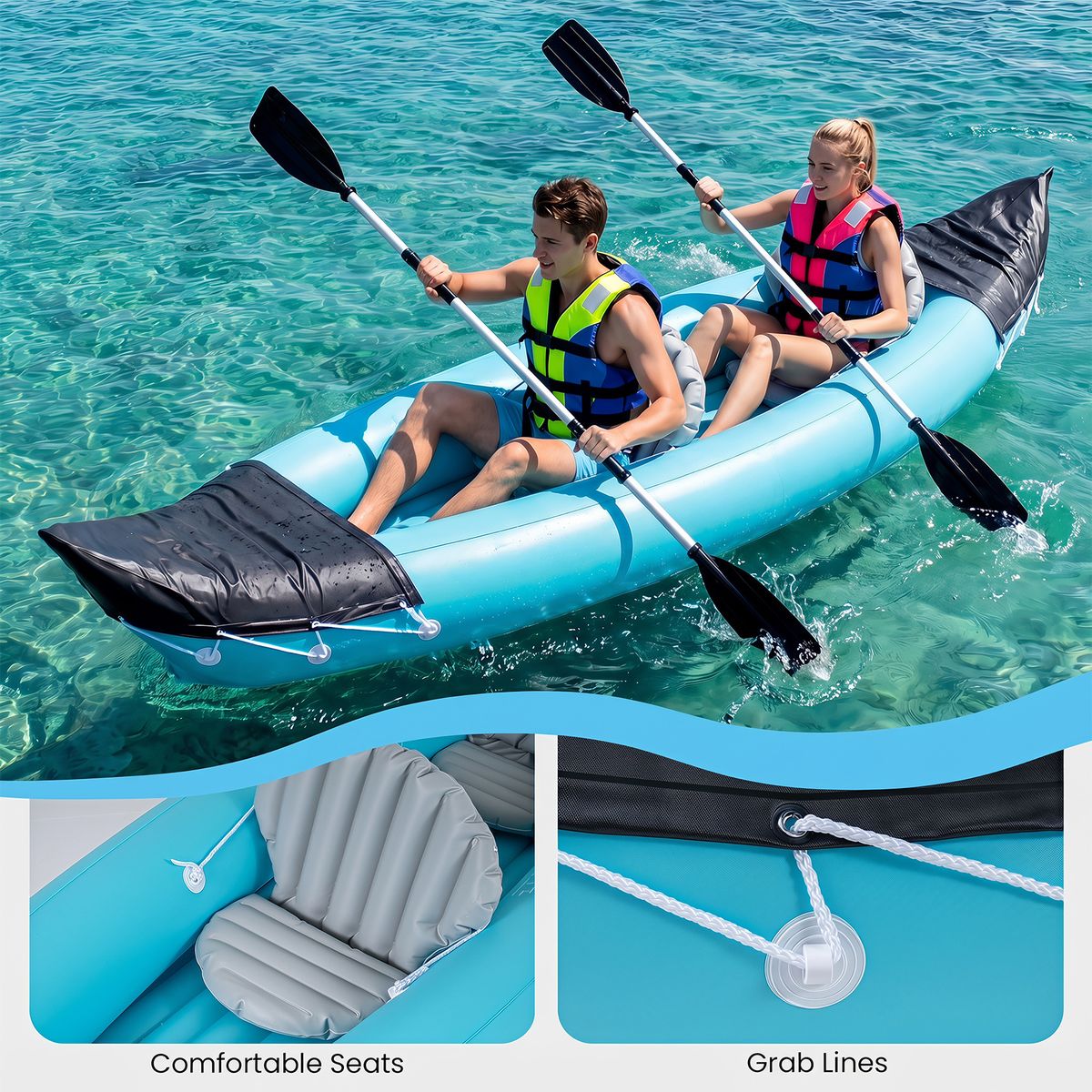 Ensemble de kayak gonflable Coast pour 2 personnes - Avec pagaies et pompe à pied - Bleu - 321 x 92 x 45 cm