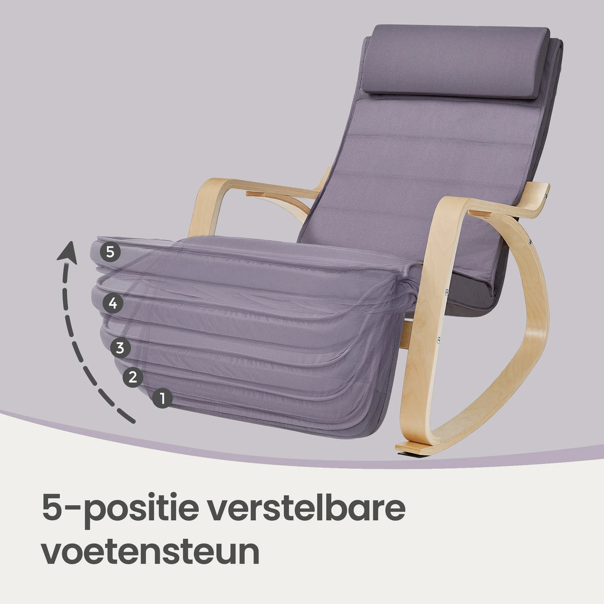 Fauteuil à bascule Ochama avec accoudoirs - Bois de bouleau - Repose-pieds réglable - 121,5 x 65 x 84 cm - Gris clair