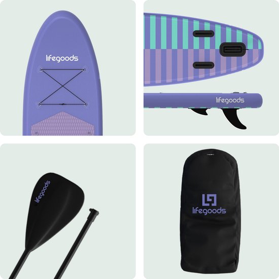 LifeGoods SUP Board All-round Compact - avec siège - capacité de charge de 100 KG - 300 x 76 cm - gonflable - ensemble complet de SUP - violet