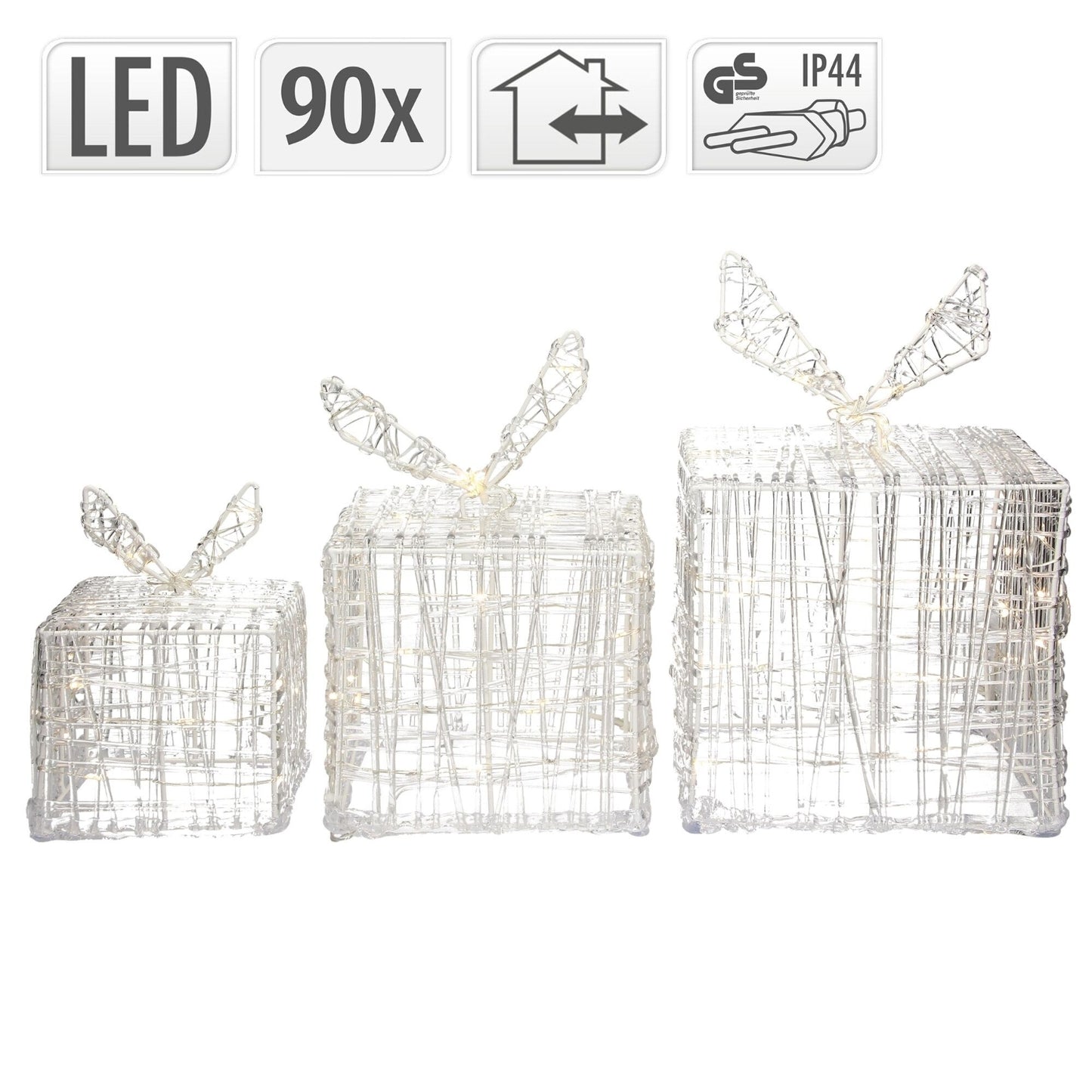Lot de 3 boîtes cadeaux lumineuses de Noël, 90 LED, Décoration De Noël, Blanc Chaud