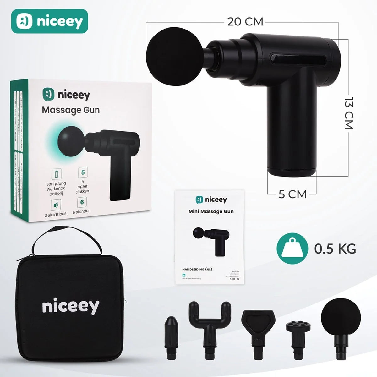 Niceey Massage Gun Mini - Puissant - Sans fil - 5 accessoires - Appareil de massage - Pistolet de massage - Appareil de massage sportif et relaxant - Avec étui - Noir
