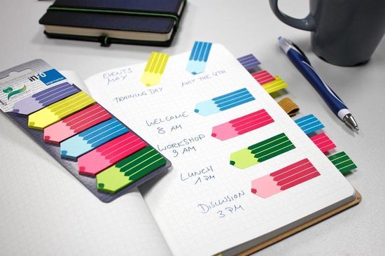 Marque-pages d'information - crayon - 6 x 25 feuilles - 18 x 55 mm - violet, jaune, rouge, bleu, rose, vert - IN-5672-93