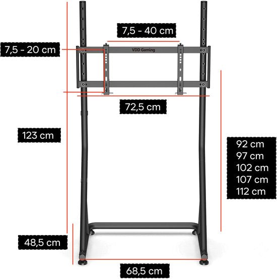 VDD Gaming - Support d'écran - Support d'écran pour simulation de course - Universel - 32" à 55" - Autoportant - Réglable - Verrouillable - 72 x 48 x 123 cm - 50 kg - Noir